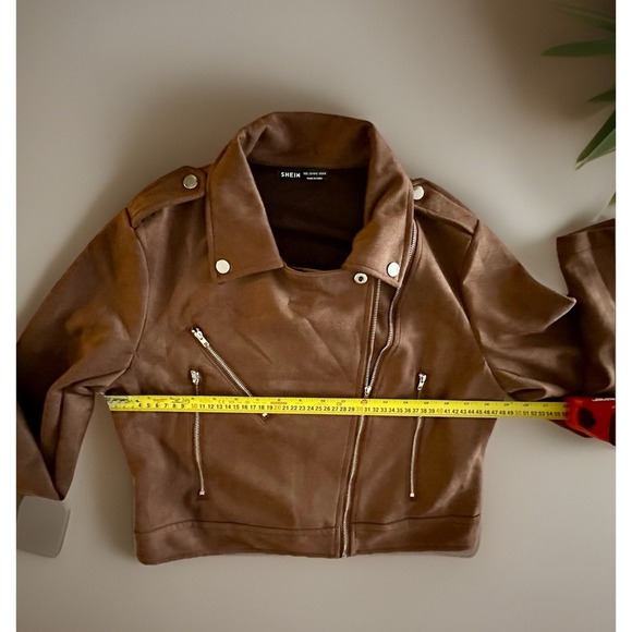 🤎 SHEIN Brown Faux Suede Moto Jacket Cropped Zip Up Chic L 🤎 - Picture 6 of 9